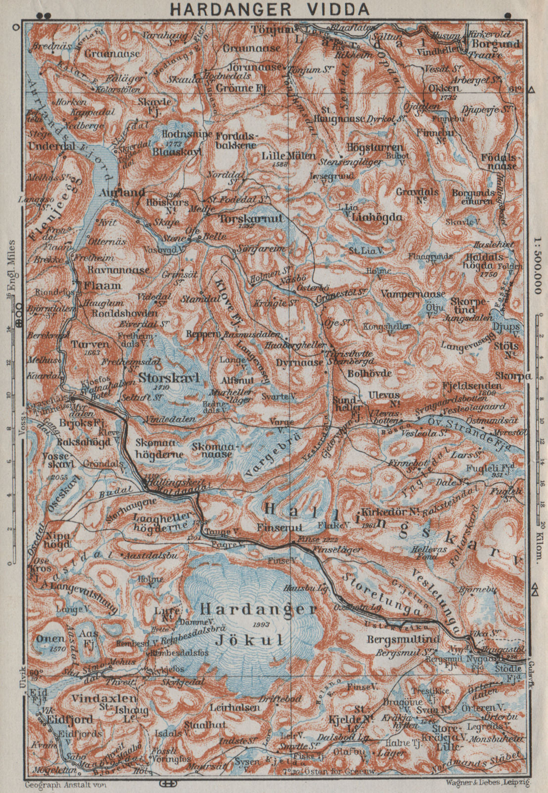 HARDANGERVIDDA. Hardangerjokulen. Topo-map. Norway kart. BAEDEKER 1909 old